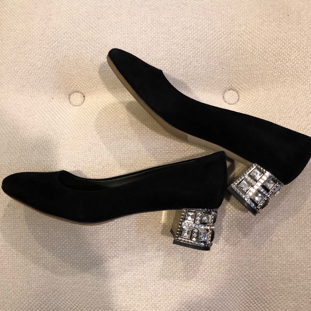 Black suede with crystal-embellished block heel